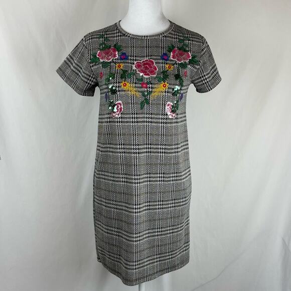 ZARA Sequined Embroidered Floral Plaid Party Date Night Mini Dress NWOT Size S - Picture 2 of 13